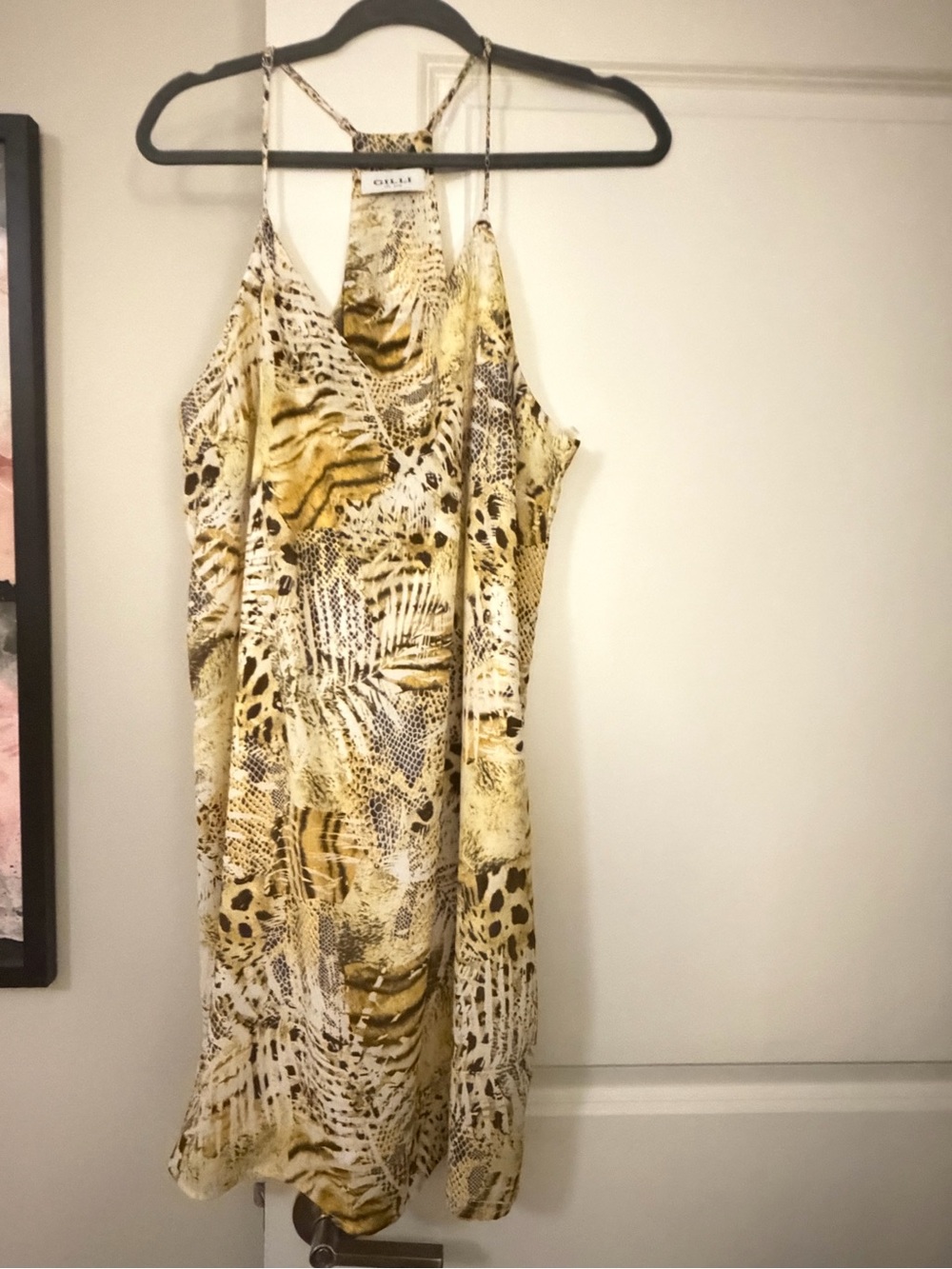 Gilli Brown and Yellow Animal Print Spaghetti Strap Mini Dress, Size Large